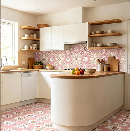Peel and Stick Floor Tile, Waterproof 11.8x11.8 inches Self- Adhesive Vinyl Flooring for Kitchen, Bathroom, Laundry - Easy Install Removable Flooring for Renters (Pink)