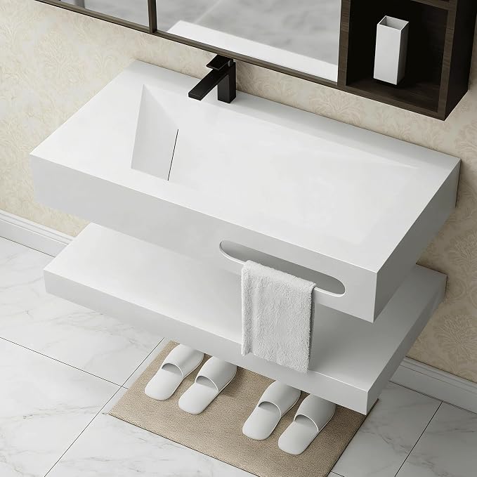 Wall-Mounted Resin Stone 32" Bathroom Sink, Seamless Integrated Vessel Sink with Sloped Design & Open Storage Shelf, Modern Floating Vanity for Bathrooms & Outdoor Spaces