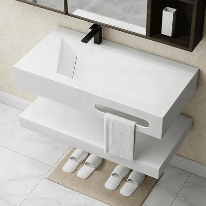 Wall-Mounted Resin Stone 32" Bathroom Sink, Seamless Integrated Vessel Sink with Sloped Design & Open Storage Shelf, Modern Floating Vanity for Bathrooms & Outdoor Spaces
