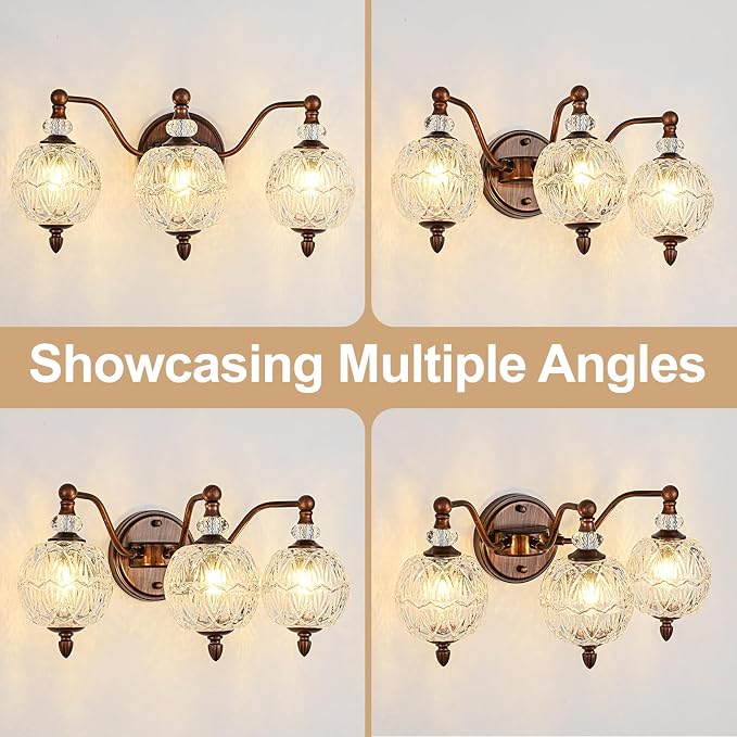Vintage Bathroom Vanity Light, 3-Light Mid Century Antique Red Bronze Finish Wall Sconce with Globe Glass Shades, Retro Mirror Light for Bathroom, Powder Room