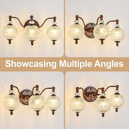 Vintage Bathroom Vanity Light, 3-Light Mid Century Antique Red Bronze Finish Wall Sconce with Globe Glass Shades, Retro Mirror Light for Bathroom, Powder Room