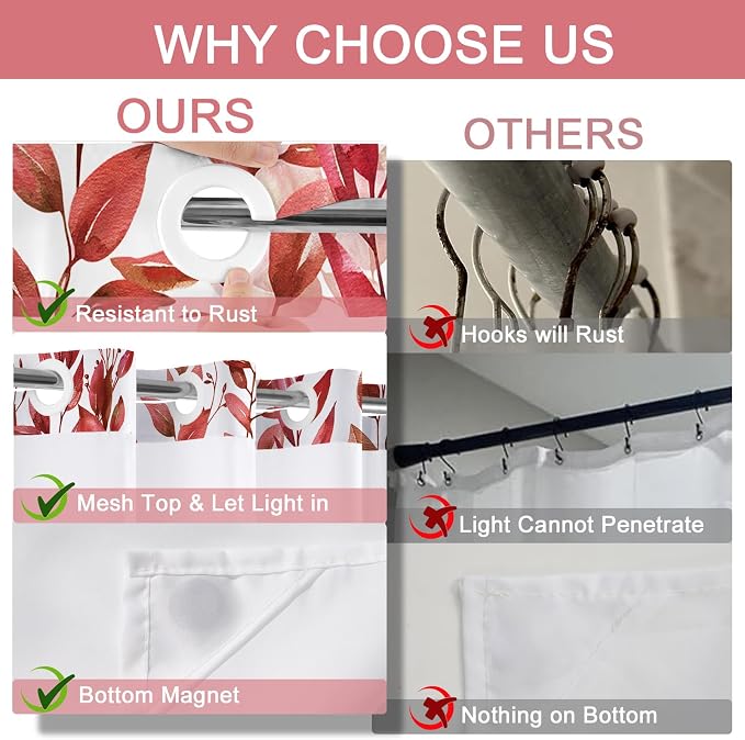 No Hook Shower Curtain and Liner Set, Red Eucalyptus 71x84 | Floral Design, with Snap in Liner, See-Through Top Window, Waterproof, Machine Washable, Quick-Drying, for Hotel Bathroom