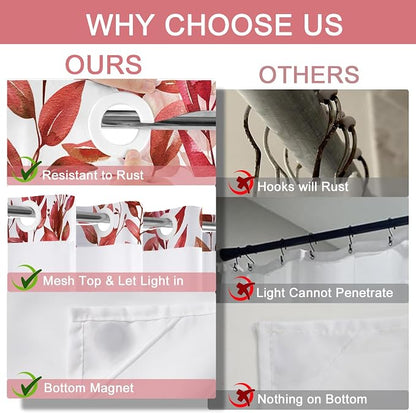 No Hook Shower Curtain and Liner Set, Red Eucalyptus 71x84 | Floral Design, with Snap in Liner, See-Through Top Window, Waterproof, Machine Washable, Quick-Drying, for Hotel Bathroom