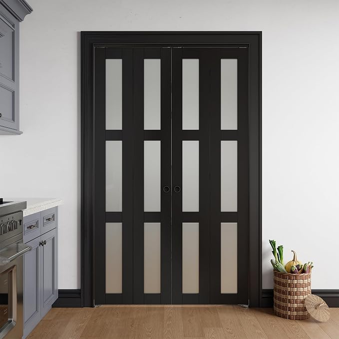 Bifold Doors for 48" x 80" Opening,Tempered Frosted Glass,Black | Closet Folding Doors with Hardware kit Included, Easy Assembly for Pantry Closet,Water-Proof PVC Surface