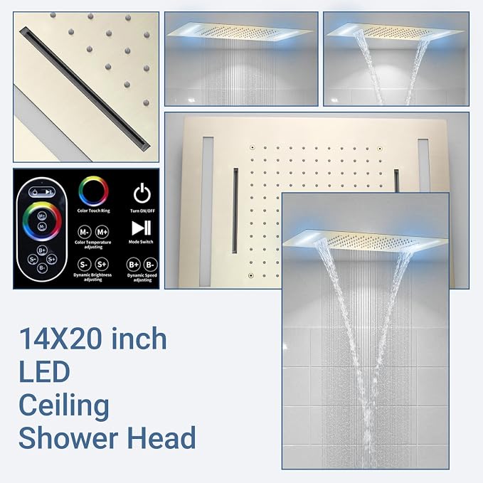 Temperature Display Shower Faucet Set Brushed Gold Shower System with 14X20 inch Rainfall Shower & Waterfall Modes, Handheld Spray