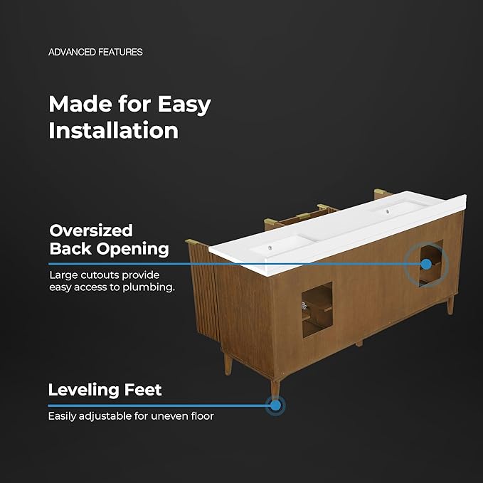 OVE Decors Indy 72 in. Undermount Double Sink Bathroom Vanity with White Engineered Marble Top, Warm Walnut
