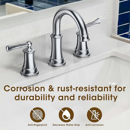 Chrome Bathroom Faucet, 8 Inch Bathroom Sink Faucet with Pop-up Drain Assembly, Widespread Bathroom Faucet with cUPC Supply Lines for Vanity, Lavatory RV Farmhouse Sink(L2304-CP)