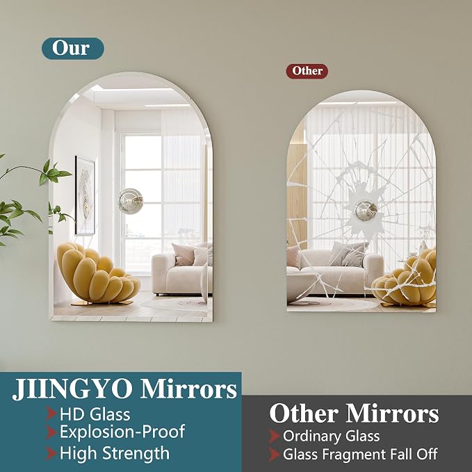 Frameless Arched Mirror, 18"x26" Beveled Arch Vanity Mirrors | Frameless, 15mm beveled edge, 5mm HD glass, shatterproof, anti-rust, french cleat, for bathroom/bedroom/entryway