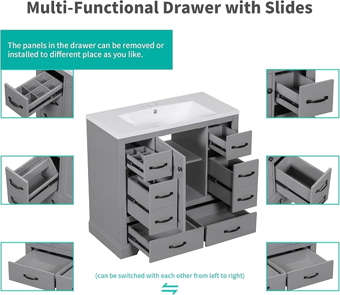 36" Bathroom Vanity Without Top Sink,6-Drawer Freestanding Cabinet Base with Multi-Functional Divider & Adjustable Shelf,Solid Wood MDF Vanity Only, Water Resistant,Grey