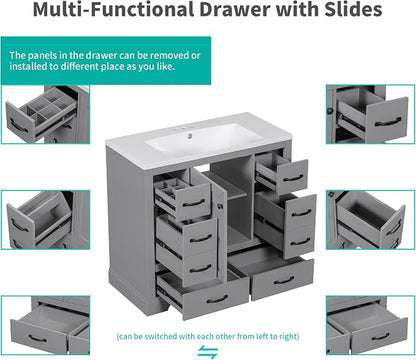 36" Bathroom Vanity Without Top Sink,6-Drawer Freestanding Cabinet Base with Multi-Functional Divider & Adjustable Shelf,Solid Wood MDF Vanity Only, Water Resistant,Grey