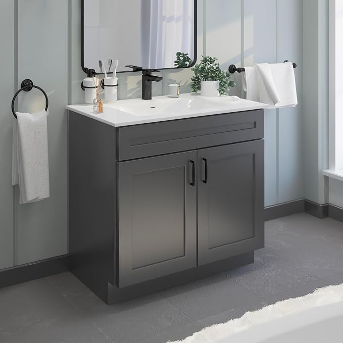 36" Grey Shaker Bathroom Vanity Base – Ready-to-Assemble Bathroom Sink Cabinet, Freestanding Vanity Base Only, RTA Bathroom Cabinet, No Top or Sink