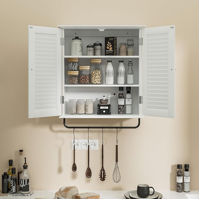 Bathroom Wall Cabinet, Over the Toilet Storage Cabinet, Wooden Wall Cabinet with 2 Doors & Hooks, White Wall Mounted Cabinet, Medicine Cabinet Organizer, Over Toilet Livingroom Kichen