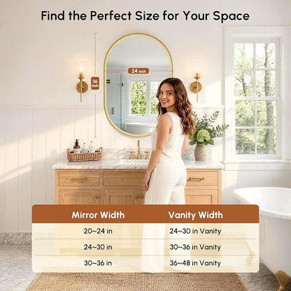 Brushed Gold Pill Oval Mirror for Bathroom 24x36 Inch | Small Vanity Mirror, Crystal-Clear HD Glass, Rust-Proof Aluminum Frame, Inner-Curved Decor for Bedroom, Entryway Renovation