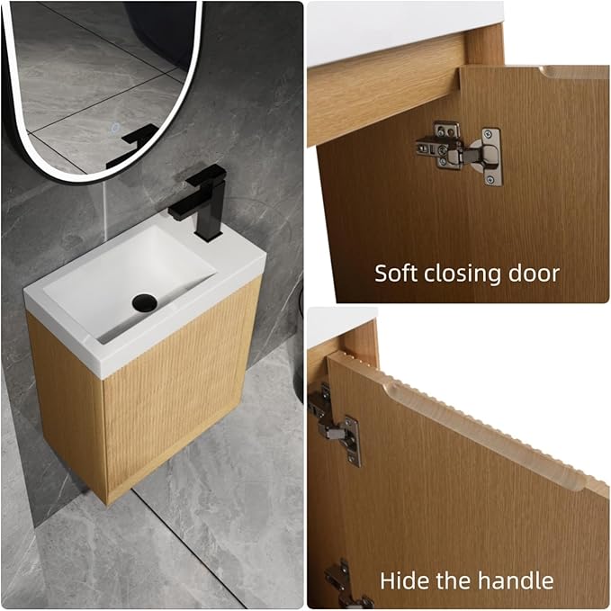 18.5" Bathroom Vanity with Resin Sink, Wall-Mounted Floating Bathroom Vanity with Soft Closed Single Door & Hidden Handle for Home, Undermount Storage Cabinet, Easy to Clean, Natural Wood