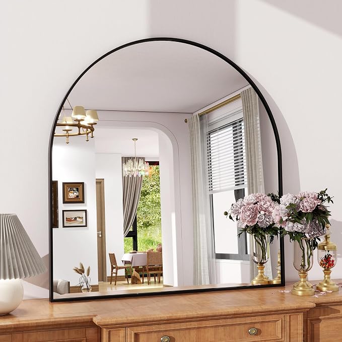 XRAMFY Arched Bathroom Mirror 32" x 34" for Bathroom Vanity Mirror or Wall Decor Black Arch Mirror Aluminum Alloy Frame Wall Mounted Mirror for Living Room Bedroom Entryway
