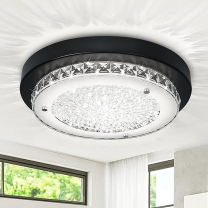 Black Flush Mount Ceiling Light Fixture 13" Hallway Light Fixtures Ceiling Crystal LED Bathroom Dimmable Bedroom Lights for Ceiling