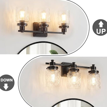 3 Light Bathroom Light Fixtures Farmhouse Black Vanity Lights | ETL Certificate, Easy to Install,Wall Mount Up or Down,Hammered Glass Lampshade,E26 Socket,Hardwired,120V