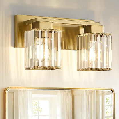 13.39" Bathroom Light Fixtures, Brushed Gold Vanity Light Over Mirror | 2-Light Wall Sconces with Square Crystal Shades, E26 Socket, Modern Vanity Lights for Bathroom (Bulbs Not Included)
