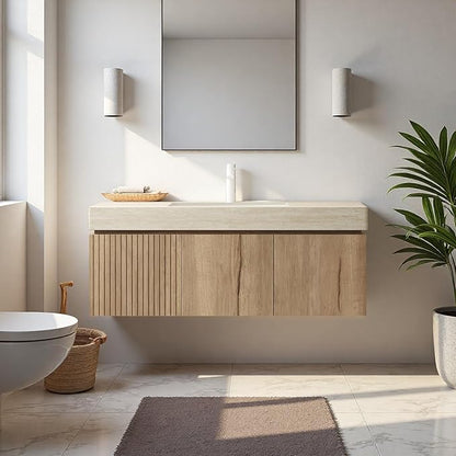 48" Bathroom Vanity with Sink, Wall-Mounted Plywood Bathroom Storage Cabinet with Ceramic Basin & Sintered Stone Countertop, Modern Pre-Assembled Floating Vanity with Drawer & Door, Oak