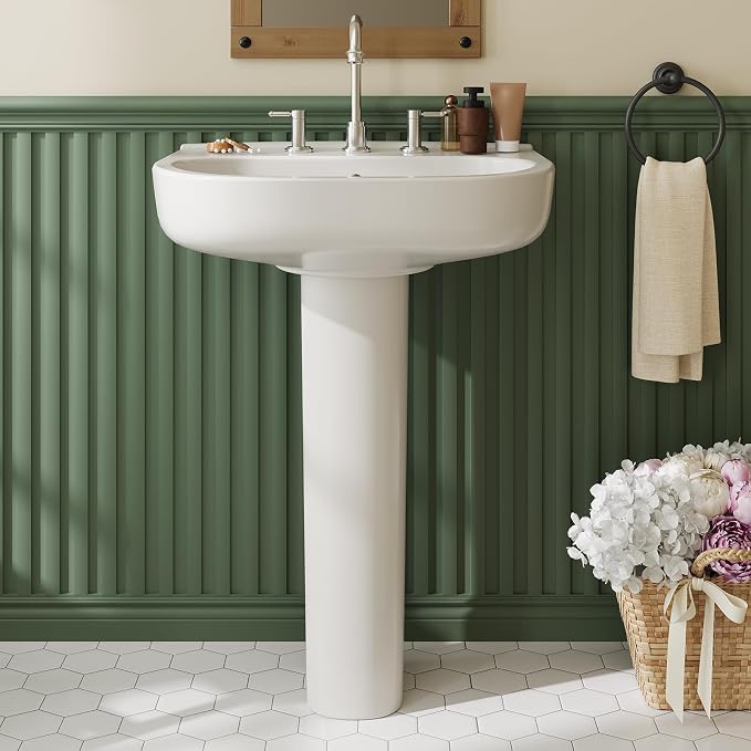 Elegant Square Pedestal Sink with 8-Inch Widespread Faucet Configuration – High-Gloss Ceramic Bathroom Vanity Basin, Sturdy Column Support, Versatile Fit for Bath & Luxury Hotel Style Decor