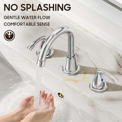 Phiestina 8 Inch Widespread Chrome Bathroom Sink Faucet, 2 Handle 3 Hole Bathroom Faucet with Metal Pop up Drain and Water Supply Lines, WFJC180-C