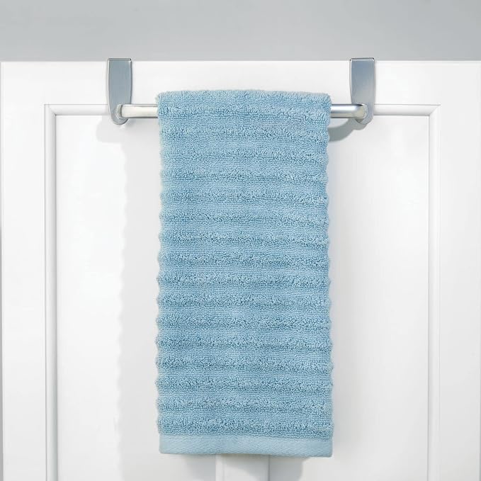 mDesign Steel Metal Wire Over Cabinet Towel Rack Storage Organizer - Hang on Cabinet or Door - Towel Bar Holder for Kitchen - Holds Hand Towels, Washcloths - Spira Collection - Silver