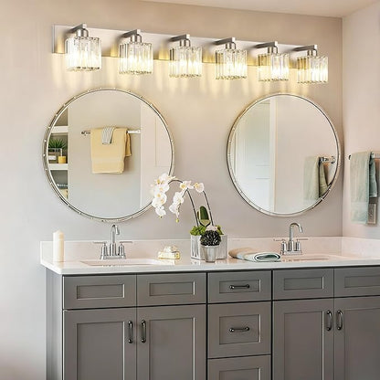Aipsun Brushed Nickel Bathroom Light Fixtures 6 Light Vanity Lighting Fixture Crystal Modern Bathroom Vanity Light (Exclude Bulb)