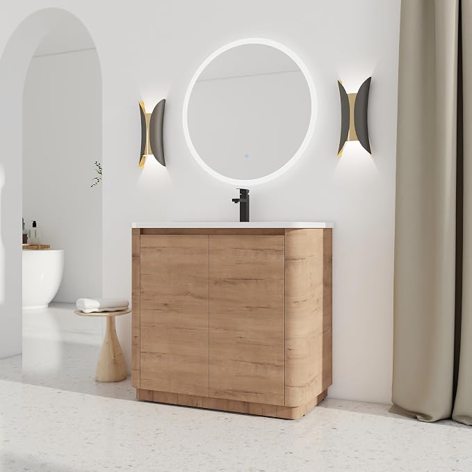 36-Inch Bathroom Vanity with Sink Mid-Century Bathroom Vanities with Top Basin Floor Wood Bathroom Sink Cabinet with Soft-Close Doors & Adjustable Storage Shelves (Brown)