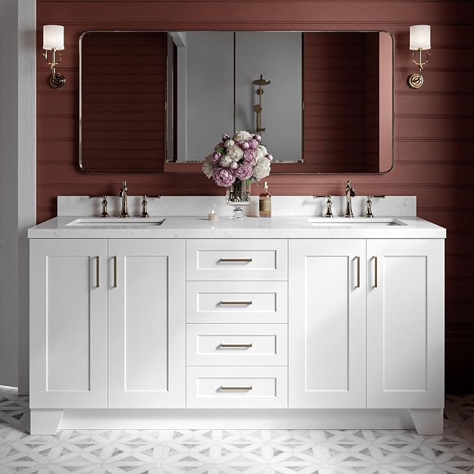 ARIEL Taylor 72-inch Bathroom Vanity with Sink,Solid Wood, 1.5-inch Carrara White Quartz Countertop & Backsplash, Double Rectangular Porcelain Sink, 4 Soft Closing Doors, 6 Dovetail Drawers, White