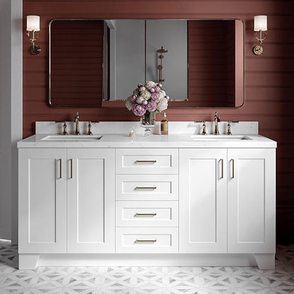 ARIEL Taylor 72-inch Bathroom Vanity with Sink,Solid Wood, 1.5-inch Carrara White Quartz Countertop & Backsplash, Double Rectangular Porcelain Sink, 4 Soft Closing Doors, 6 Dovetail Drawers, White