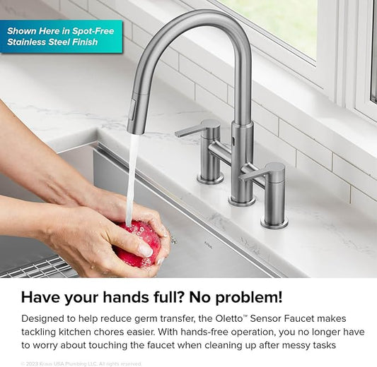KRAUS Oletto Touchless Sensor Bridge Kitchen Faucet with Pull-Down Sprayhead in Spot-Free Antique Champagne Bronze, KSF-3122SFACB