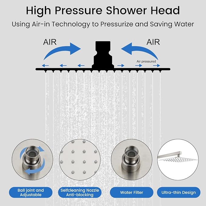 gotonovo Rainfall Shower System with Full Body Jets 6pcs Brushed Nickel | 12’’ Rainfall Shower Head with Handheld Spray Combo,Wall Mount,Rough-in Valve and Trim Kit,Brass Body Message Jets,All Metal