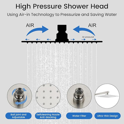 gotonovo Rainfall Shower System with Full Body Jets 4pcs Brushed Nickel | 12’’ Rainfall Shower Head with Handheld Spray Combo,Wall Mount,Rough-in Valve and Trim Kit,Brass Body Message Jets,All Metal