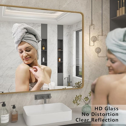 24x28 Inch Gold Bathroom Mirror for Wall | Brushed Metal Frame Gold Vanity Mirror, Rounded Rectangle Mirror, Shatterproof, Anti-Rust, Hangs Horizontal or Vertically