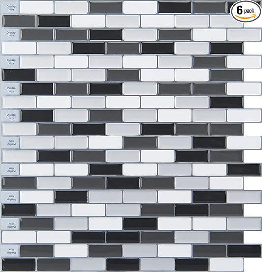 Art3d Peel and Stick Wall Tile for Kitchen/Bathroom Backsplash, 12"x12", Black-White (6 Pack)