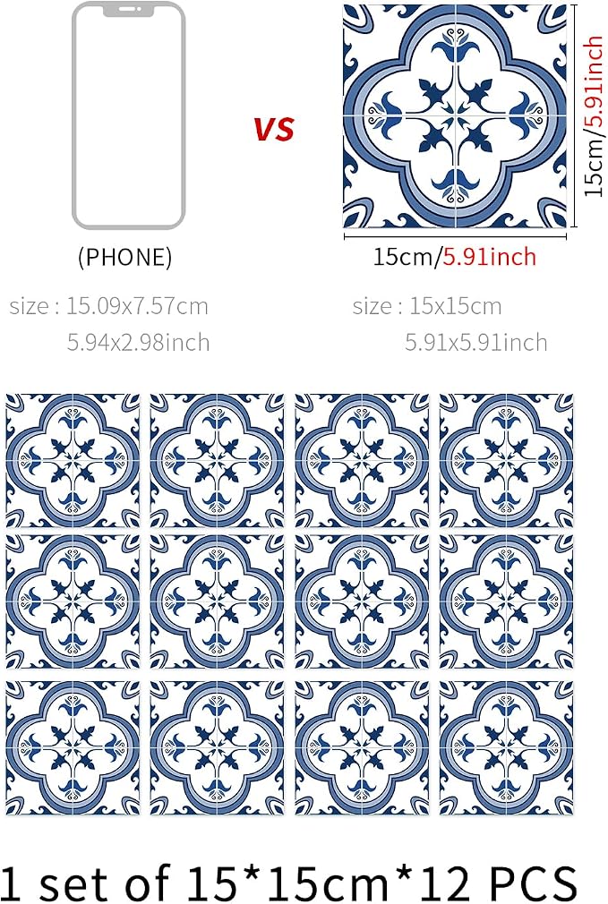 Vinyl Peel and Stick wall Tile Decals 6x6in Stick on backsplash,12Pc | Waterproof&heat resistant tile stickers for kitchen RV laundry backsplash decor,remove no damaging wall,blue white design