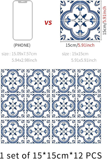 Vinyl Peel and Stick wall Tile Decals 6x6in Stick on backsplash,12Pc | Waterproof&heat resistant tile stickers for kitchen RV laundry backsplash decor,remove no damaging wall,blue white design