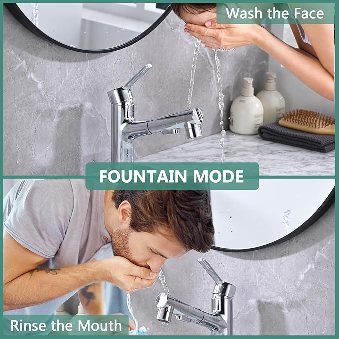 Bathroom Sink Faucet with Pull Out Sprayer, Single Handle Modern Bathroom Basin Faucet with Pop-up Sink Drain Stopper & Deck Plate 1 or 4-inch Centerset 3 Hole, Chrome
