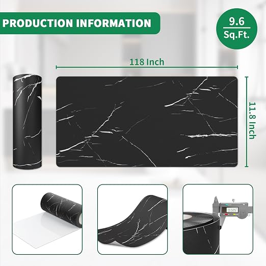 Peel and Stick Floor Tile 11.8” x 118” Vinyl Flooring Roll Cover 9.6 Sq.Ft. Waterproof Scratch-Resistant DIY Self-Adhesive PVC Flooring for Renter, Kitchen, Bathroom, RV, Black Marble