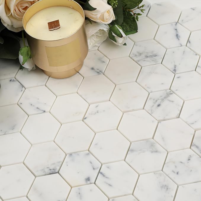 2 Inch Hexagon White Marble Mosaic Tile for Wall Floor, 5 Sheets | Water & Heat Resistant Honed Marble Backsplash Tiles for Kitchen Bathroom Fireplace Surround Durable Unique Veins 3.5SQFT