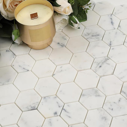 2 Inch Hexagon White Marble Mosaic Tile for Wall Floor, 5 Sheets | Water & Heat Resistant Honed Marble Backsplash Tiles for Kitchen Bathroom Fireplace Surround Durable Unique Veins 3.5SQFT