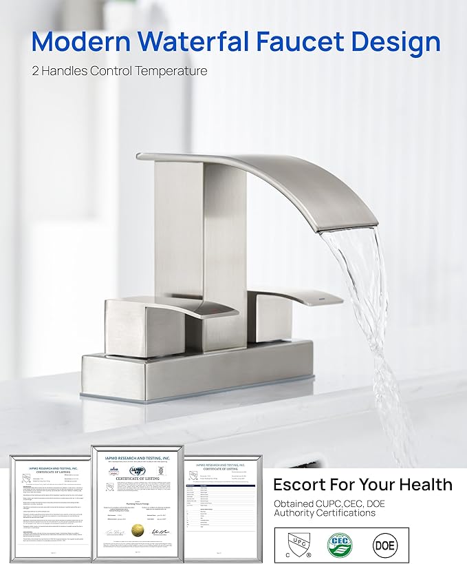 Waterfall Bathroom Sink Faucet Set with Pop Up Drain Stopper & Supply Lines - 4 Inch 2 Handles Centerset Faucet 2 or 3 Hole Lavatory Faucet Bathroom Vanity Mixer Tap Basin Faucets Brushed Nickel