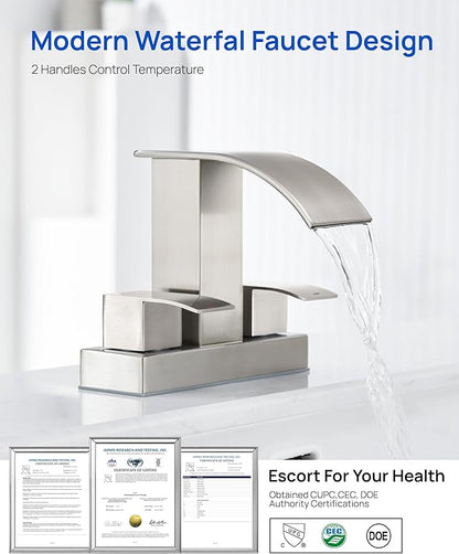 Waterfall Bathroom Sink Faucet Set with Pop Up Drain Stopper & Supply Lines - 4 Inch 2 Handles Centerset Faucet 2 or 3 Hole Lavatory Faucet Bathroom Vanity Mixer Tap Basin Faucets Brushed Nickel