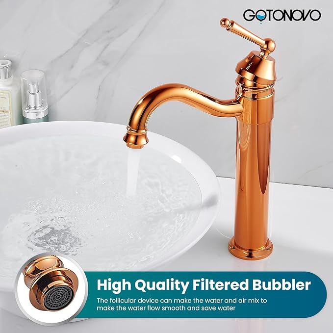 gotonovo Bathroom Vessel Sink Faucet Single Handle Brass Long Reach Bathroom Faucet 1 Hole Deck Mounted Mixer Tap with Pop Up Drain Rose Gold