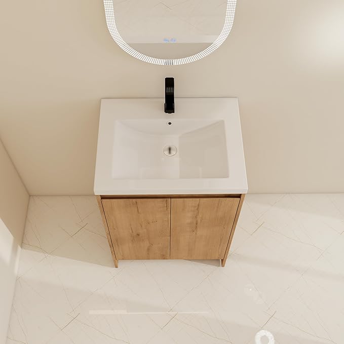 24" Bathroom Vanity with Sink, 24 Inch Freestanding Vanity, Single Resin Sink Floor Stand Bathroom Sink Cabinet with 2 Doors, Imitative Oak (Space-Saving for Small Bathrooms)