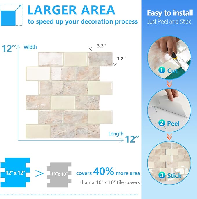 STICKGOO Subway Tile Peel and Stick Backsplash, Thicker Design 12" x 12" Stick on Backsplash Tiles for Kitchen, Bathroom, Wall Tile (10 Sheets, Brown Marble Look)