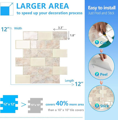 STICKGOO Subway Tile Peel and Stick Backsplash, Thicker Design 12" x 12" Stick on Backsplash Tiles for Kitchen, Bathroom, Wall Tile (10 Sheets, Brown Marble Look)