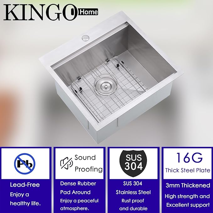 KINGO HOME Drop in Bar Sink,20 x 21 Inch Single Bowl Small Kitchen Sinks,304 Stainless Steel Topmount Wet Bar Prep Sink With Grid&Drainer&Cutting Board
