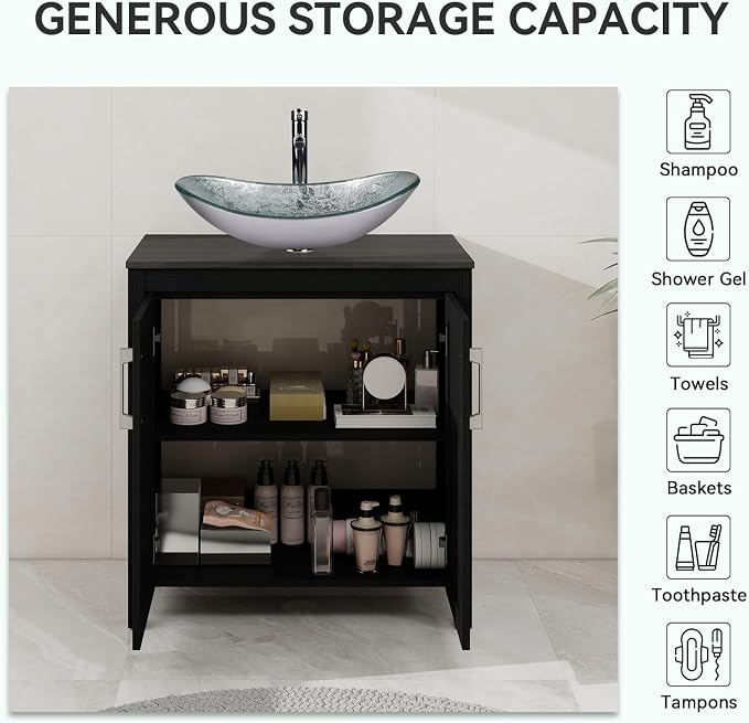 YOURLITE 30" Bathroom Vanity with Sink, Black Bathroom Vanity and Sink Combo with Faucet & Pop Up Drain Set,Traditional Vanity with Blue Glass Boat Bathroom Sink