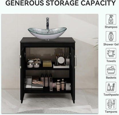 YOURLITE 30" Bathroom Vanity with Sink, Black Bathroom Vanity and Sink Combo with Faucet & Pop Up Drain Set,Traditional Vanity with Blue Glass Boat Bathroom Sink
